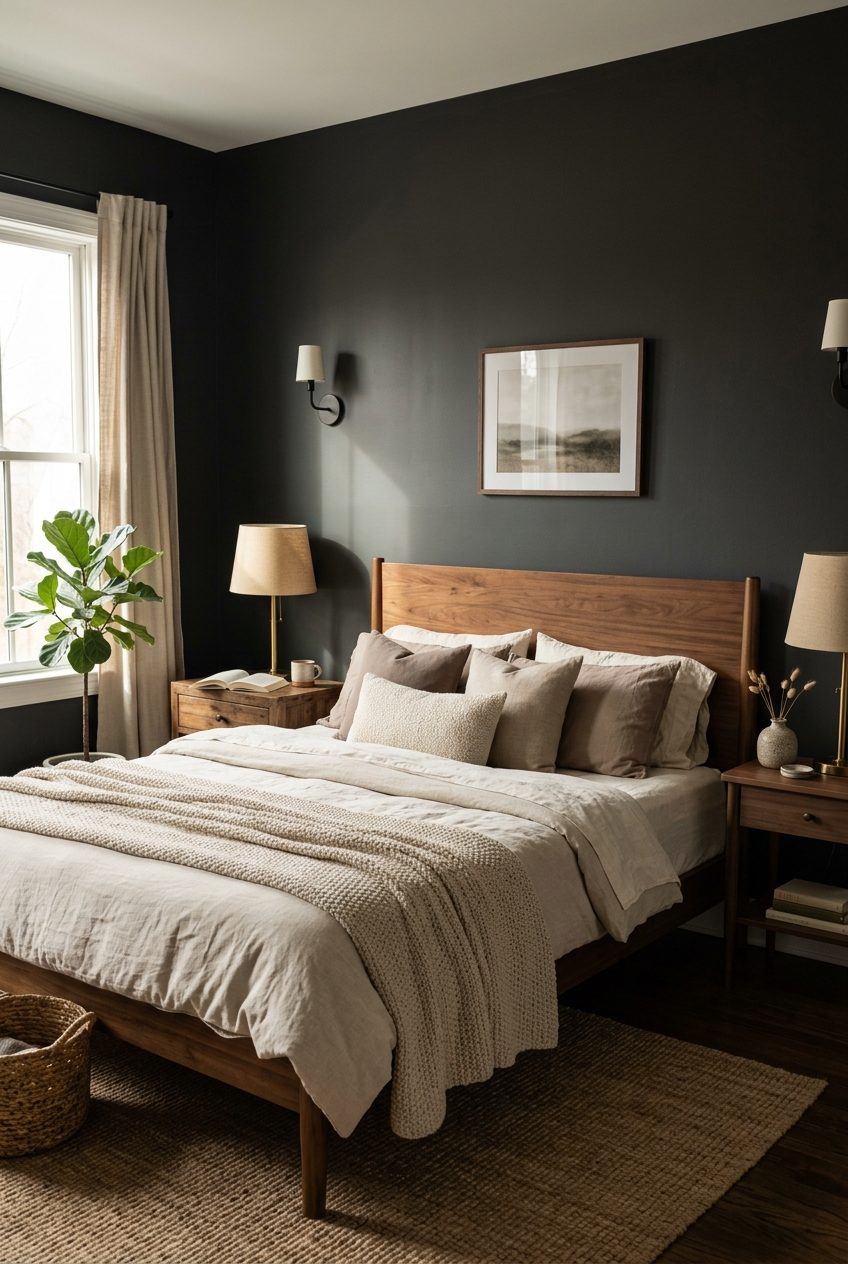 Deep charcoal walls with warm walnut bed frame and ivory bedding