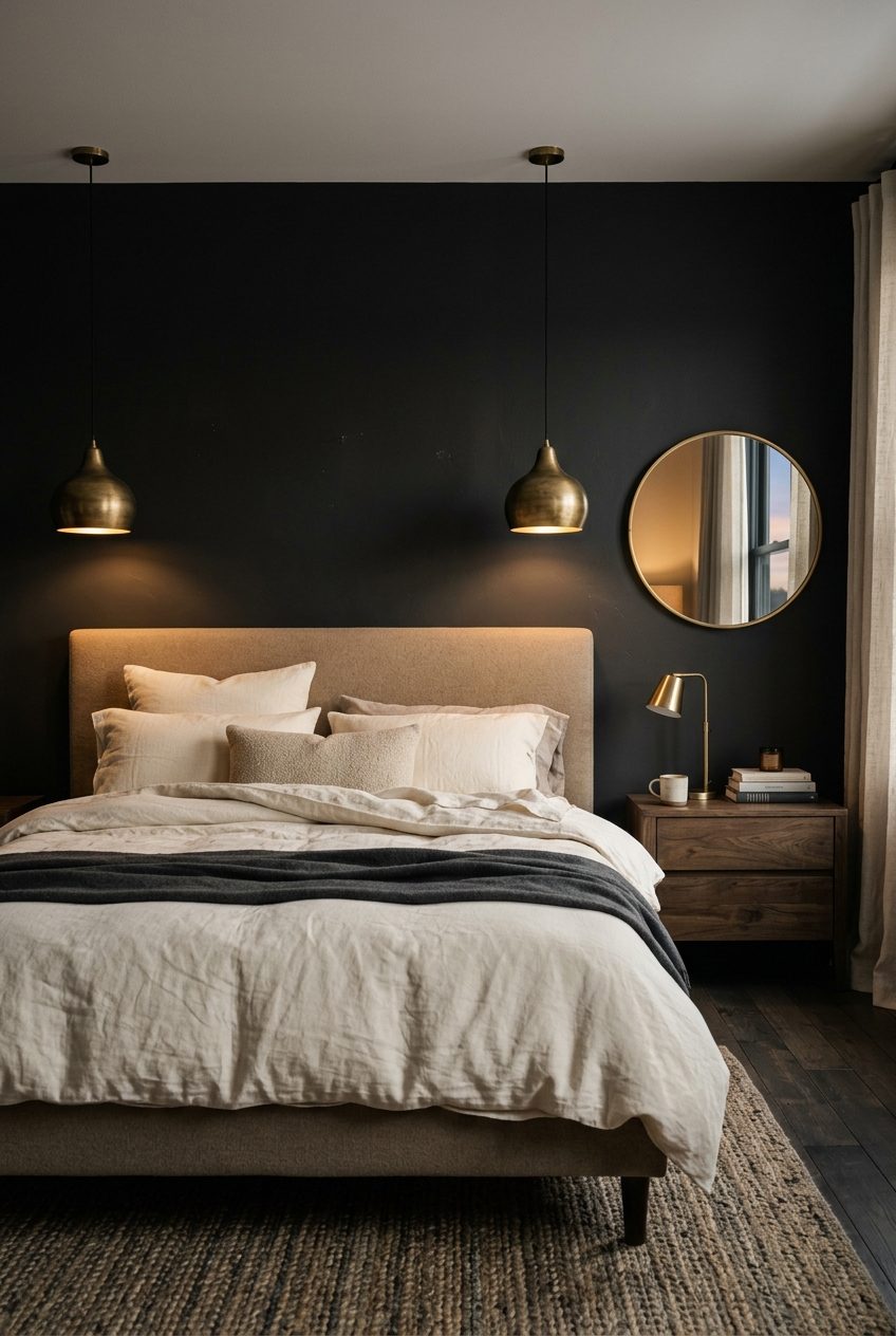 Moody black bedroom with aged brass pendant lights and warm beige bedding