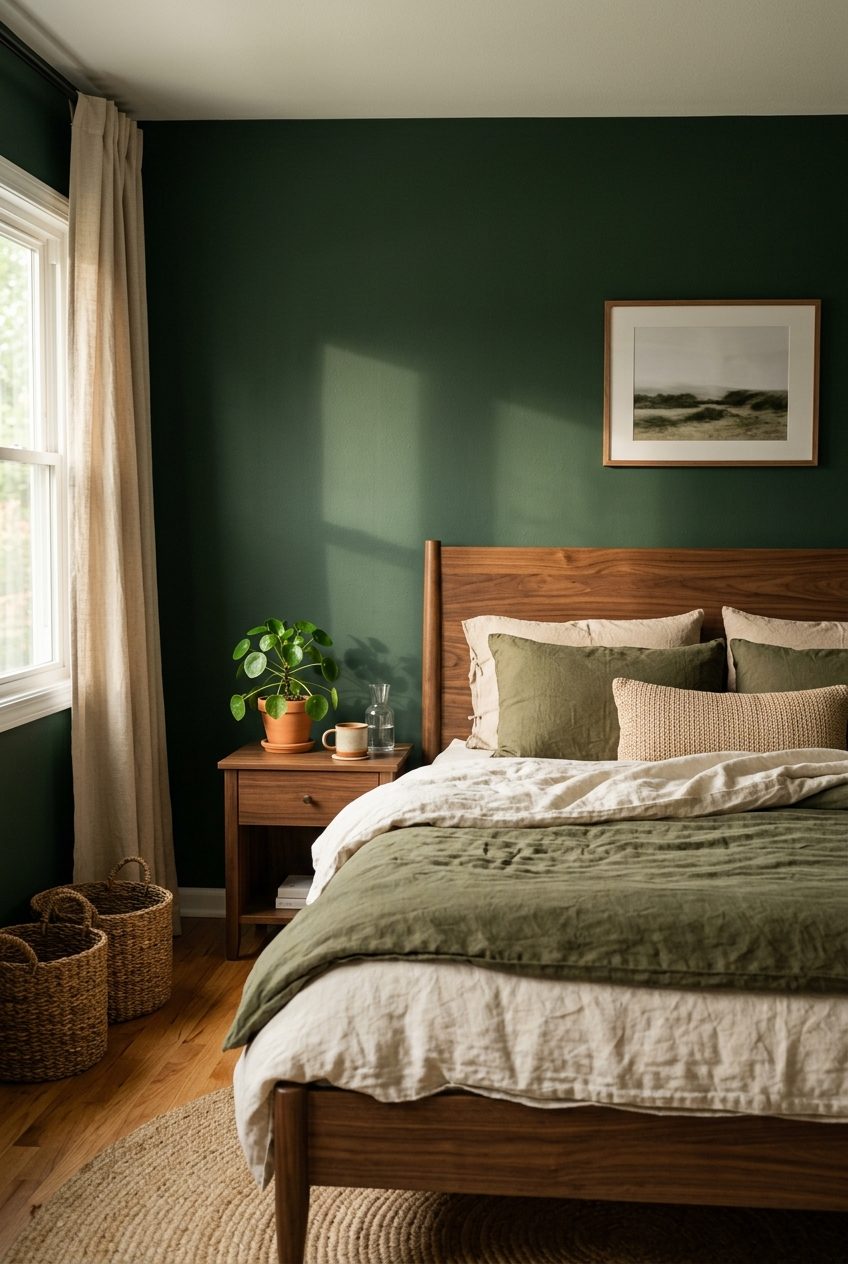 Deep forest green bedroom walls paired with warm walnut furniture and cream linen