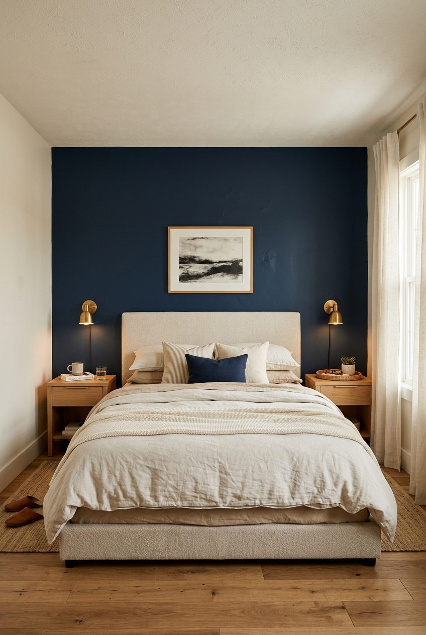 Deep navy accent wall behind an upholstered bed with warm neutral surroundings