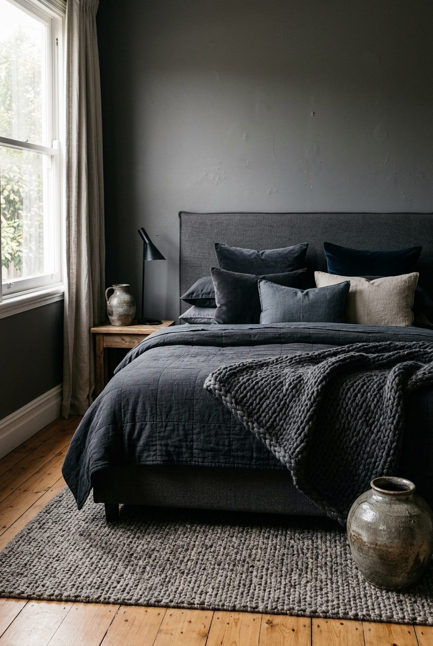 Rich layered textures including chunky wool throw, velvet cushions, and quilted bedding in dark bedroom