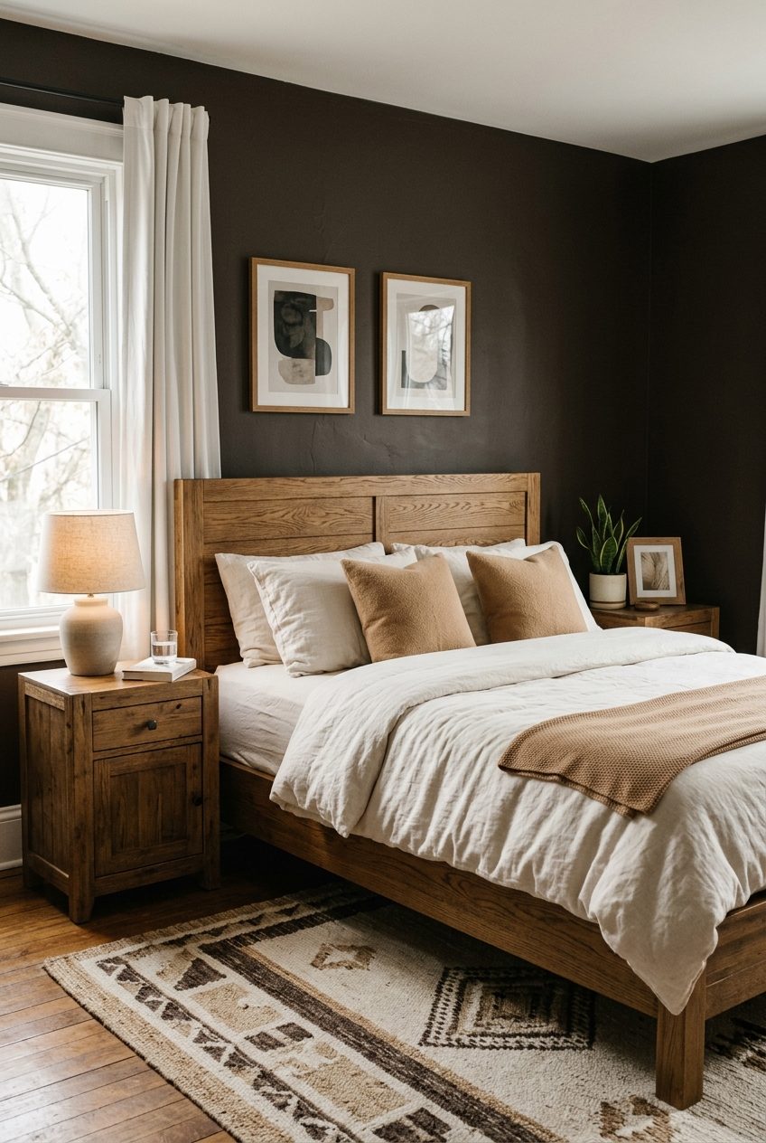 Espresso walls combined with substantial warm oak bed frame and camel pillows