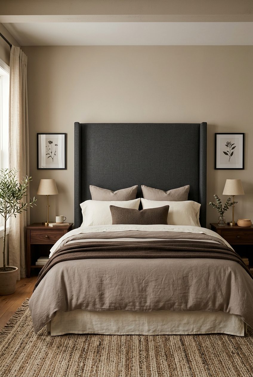 Tall charcoal upholstered headboard as the dramatic focal point with neutral walls