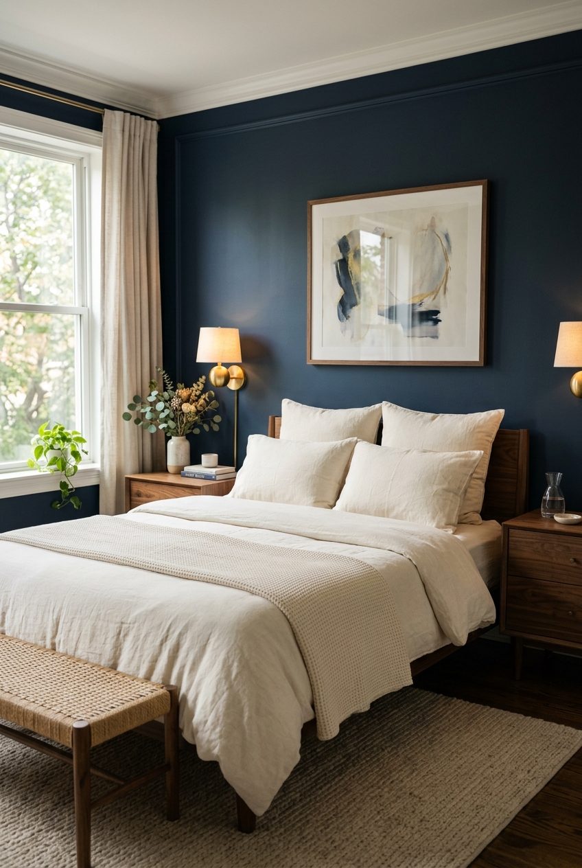 Deep navy bedroom walls with walnut nightstands and warm brass sconces