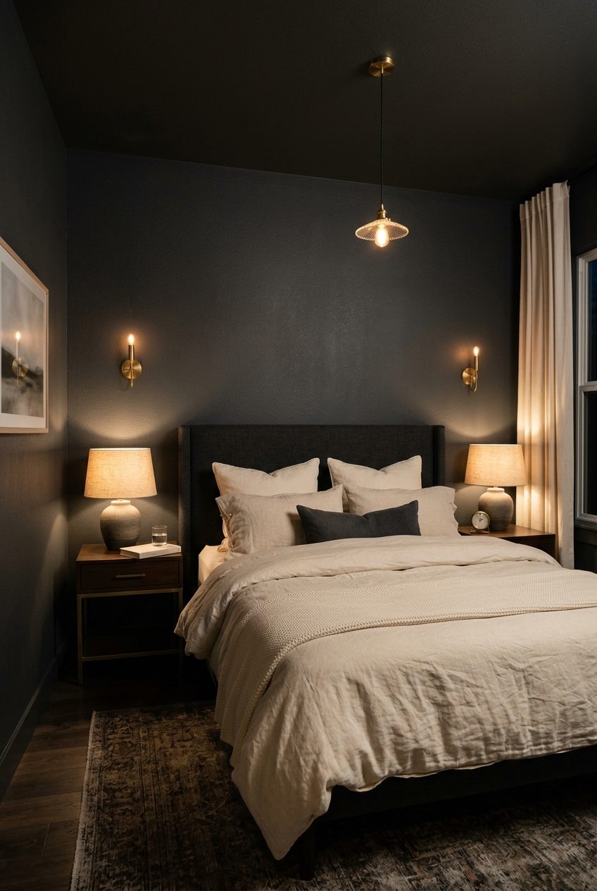 Cozy evening lighting with bedside table lamps, subtle sconces, and delicate pendant in dark bedroom