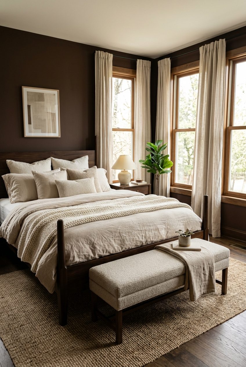 Deep brown walls softened with cream bedding and an oatmeal upholstered bench
