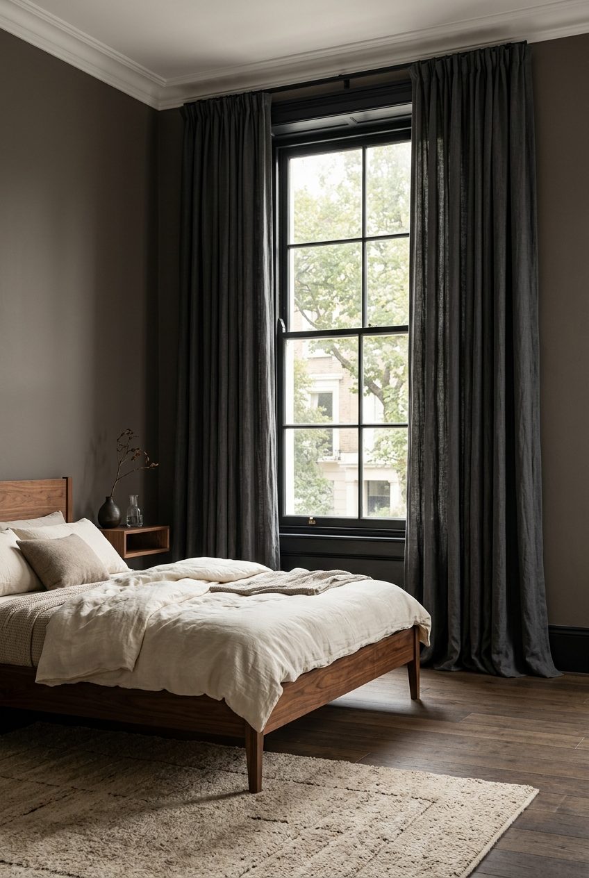 Floor-to-ceiling charcoal linen curtains framing window in dark bedroom