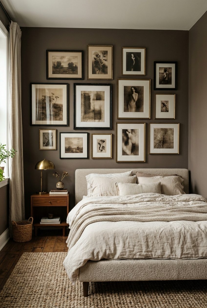 Moody curated gallery wall with sepia and vintage prints above upholstered bed