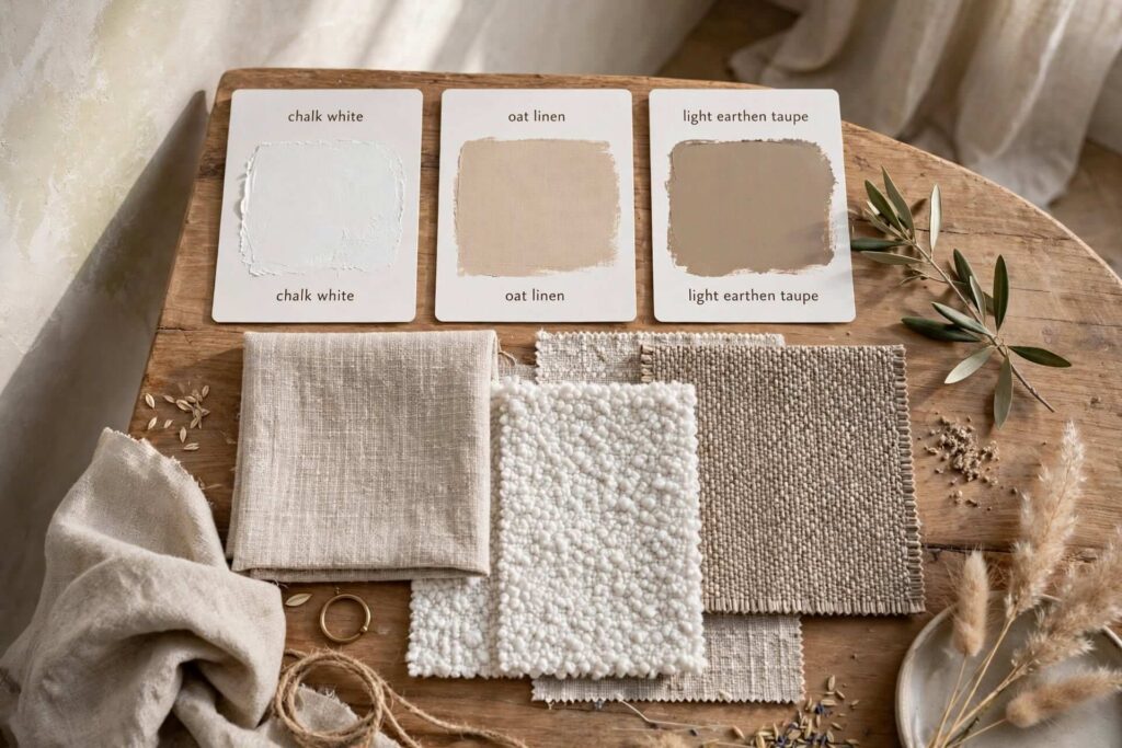 Neutral interior color swatches with warm beige linen, chalk white, and light taupe fabric samples