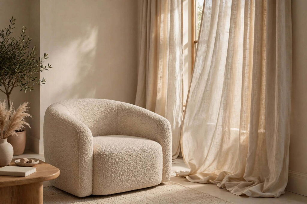 Cozy bouclé armchair paired with natural Belgian linen curtains and layered neutral decor