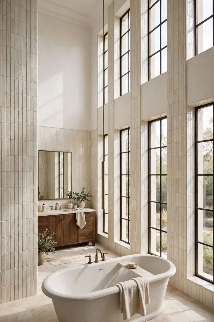 Use a Long Pendant in a High-Ceiling Bathroom