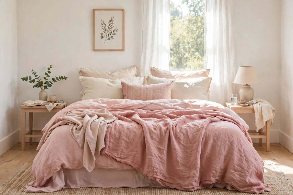 Use Pink Bedding Against White Walls