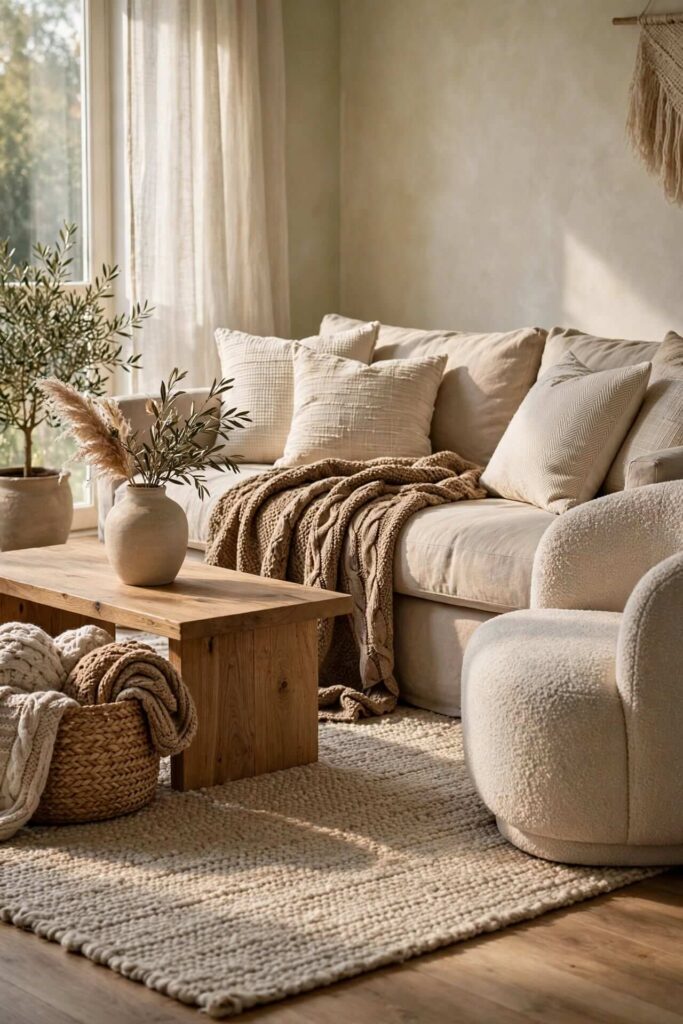 IMAGE PROMPT:
Create a photorealistic 2:3 vertical Pinterest interior photograph featuring a long low-profile camel-colored sofa positioned along the longest wall of a spacious living room. Balance it with two sculptural lounge chairs, a large textured rug, a long low coffee table, and oversized neutral artwork. Show tall windows, warm plaster walls, natural oak flooring, subtle curtains, and restrained accessories. Use soft side-window daylight, realistic upholstery, natural shadows, accurate horizontal proportions, and refined editorial interior photography. No people, text, logos, watermarks, distorted furniture, or clutter.