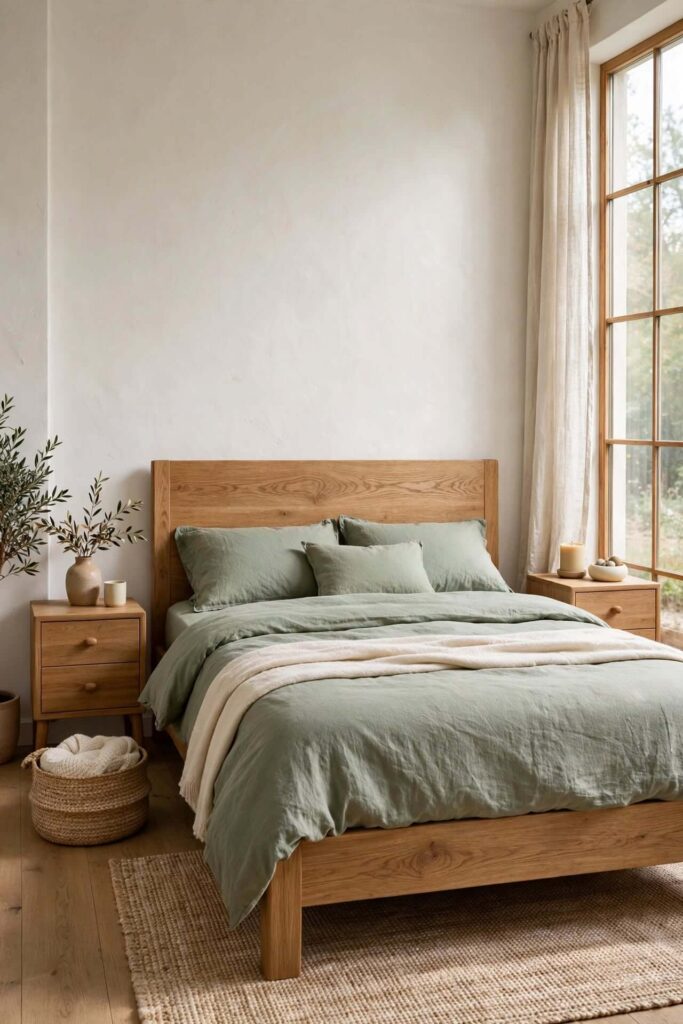 Sage Green Bedding with Natural Wood