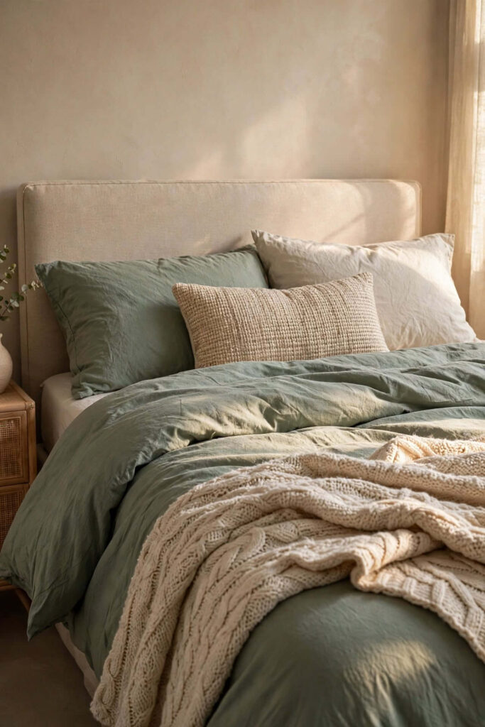 Layered Sage Green Bedding with Textured Throws