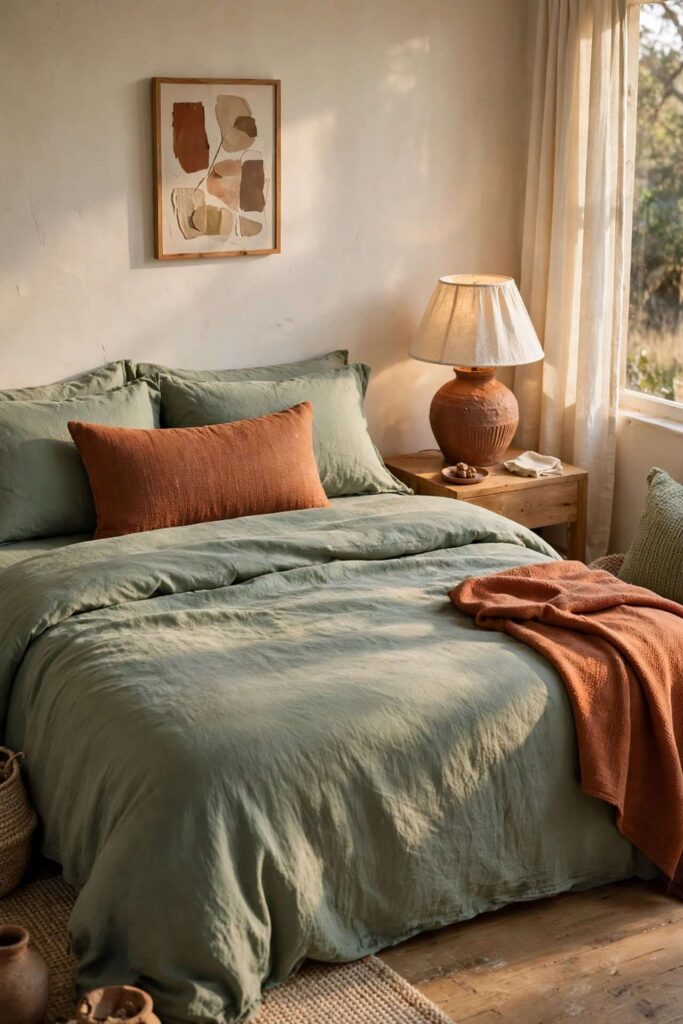 Sage Green Bedding with Terracotta Accents