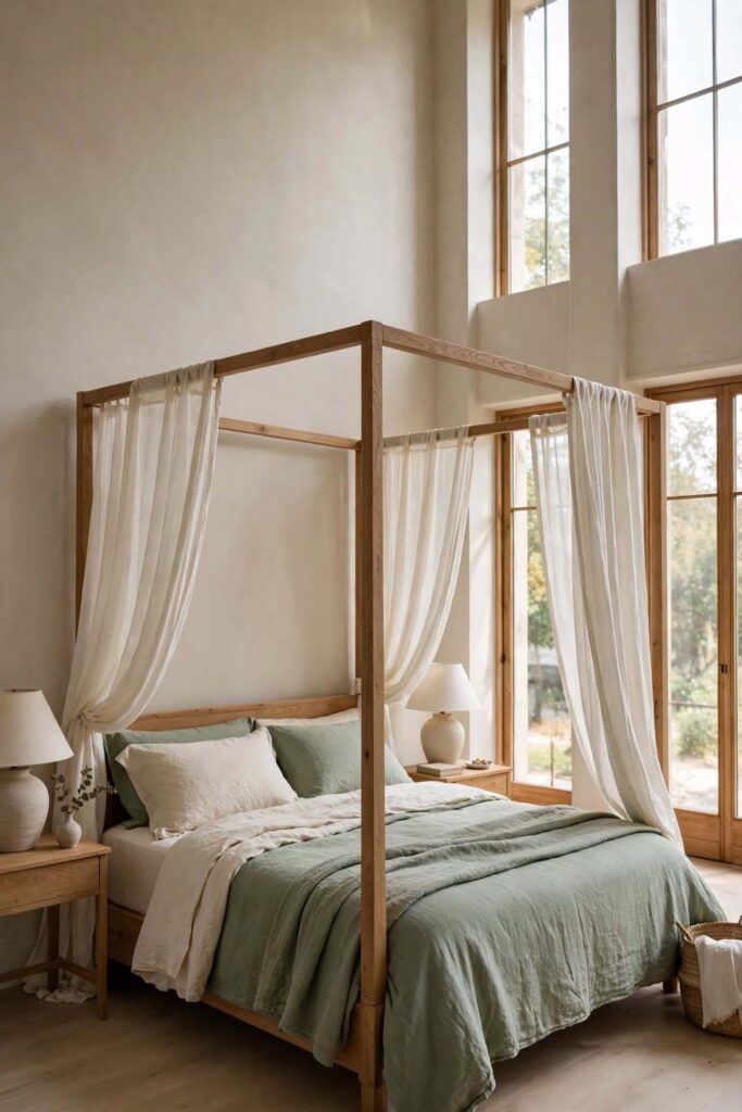Sage Green Bedding with a Cream Canopy Bed