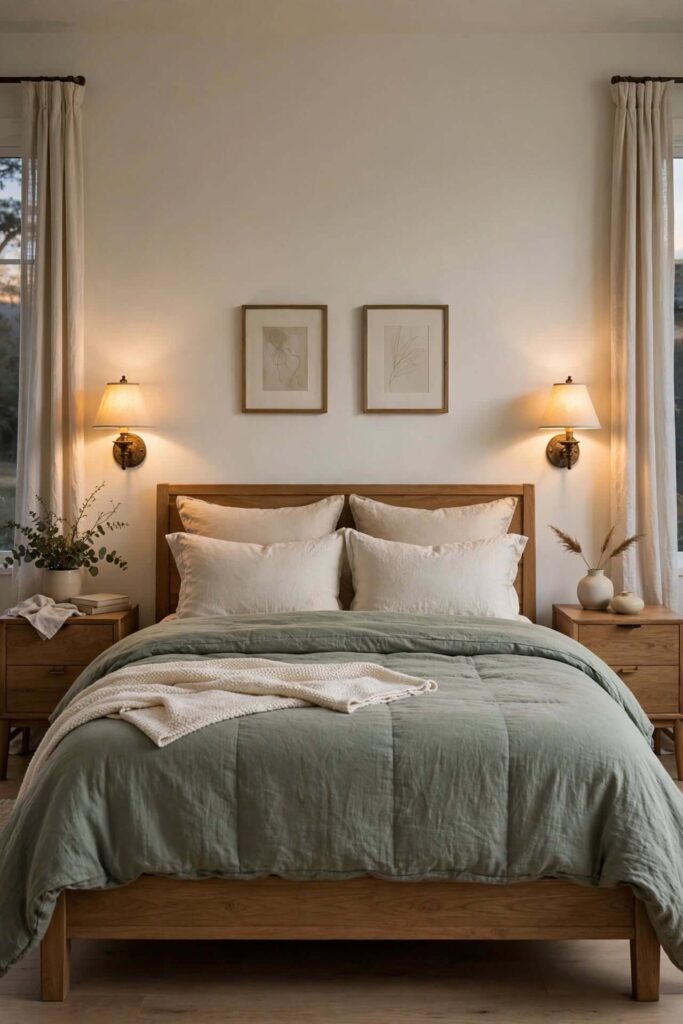Sage Green Bedding with Warm Brass Lighting
