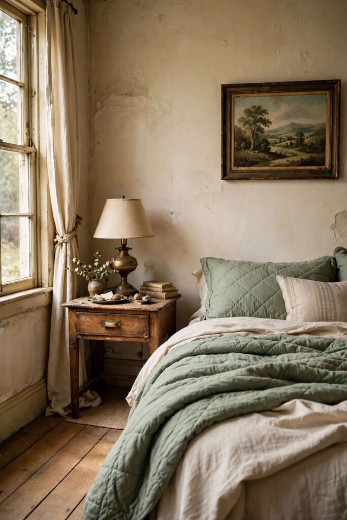 Sage Green Bedding with Vintage-Inspired Decor