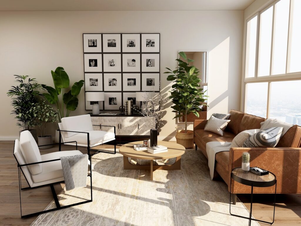 Curated fluted wood coffee table styled with organic ceramic vases, dried branches, and art books